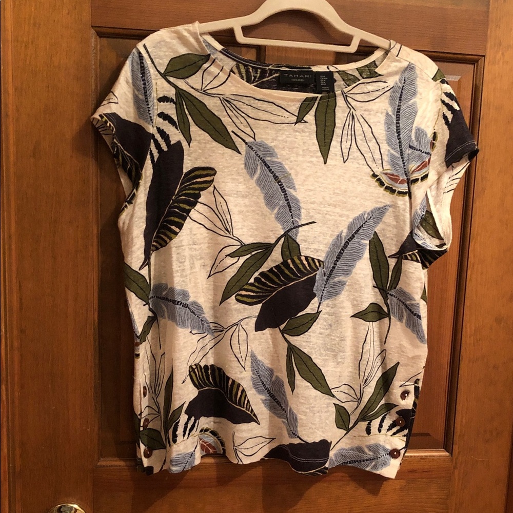 Tahari Cream Short Sleeve Tee with Green and Blue Leaf Print